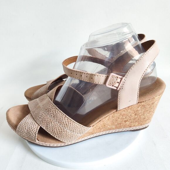 Clarks Sandals 10 Wide Helio Latitude Leather Embossed Snakeskin Wedge Strappy - Picture 4 of 10